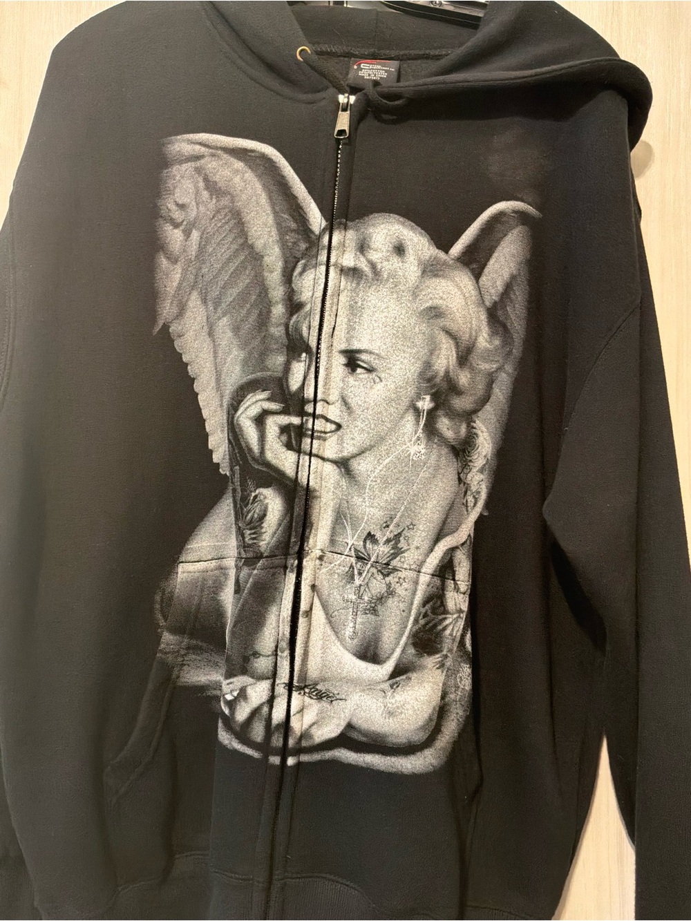 Marilyn Monroe Black Zip-Up Hoodie with Angel Graphic